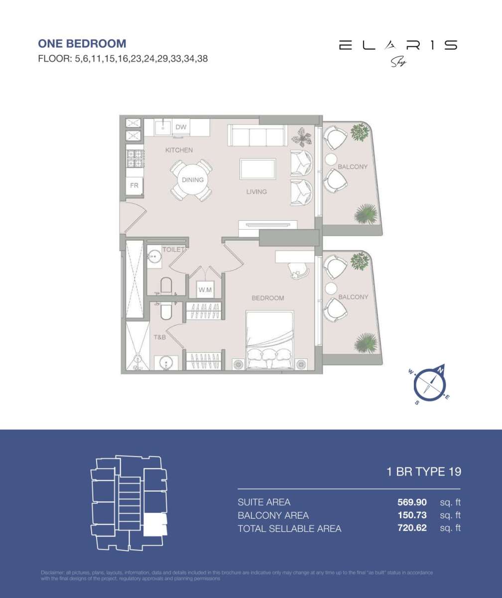 1BR-Type 19 | Elaris Sky offers 1-bedroom apartments in JVT District 3, Jumeirah Village Triangle, Dubai.